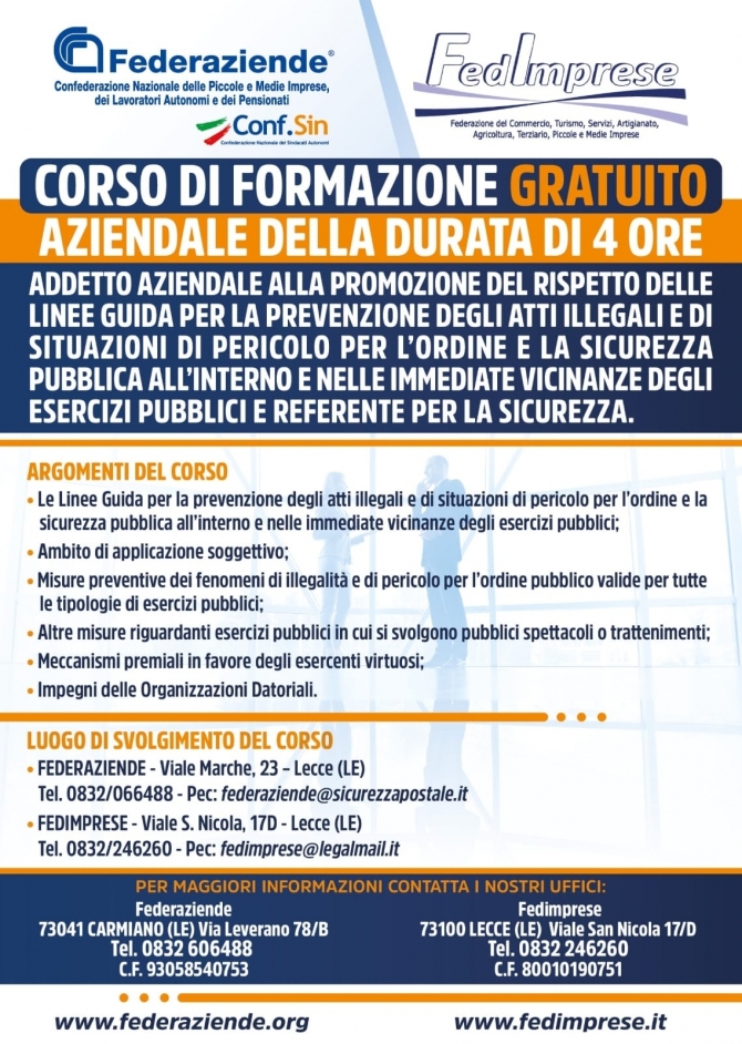 CORSO DI FORMAZIONE PER PUBBLICI ESERCIZI - FEDERAZIENDE 