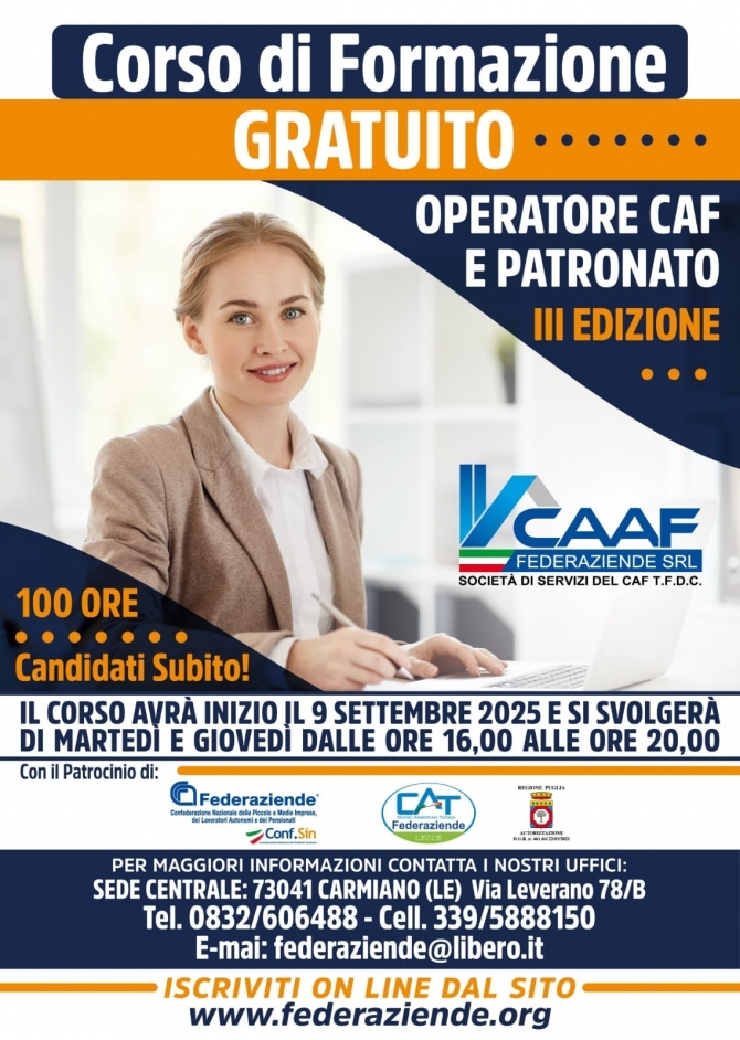 CORSO DI FORMAZIONE PER OPERATORI CAF - PATRONATO III EDIZIONE - FEDERAZIENDE 